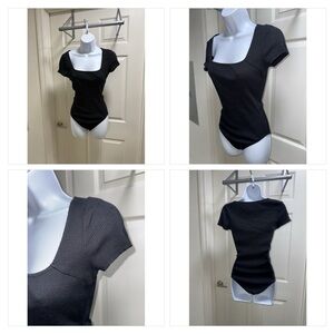 Express One Eleven Black Ribbed Square Neck Bodysuit Medium